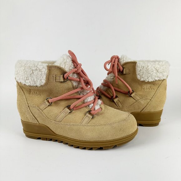 Sorel Womens Size 8 Evie Cozy Lace-Up Wedge Tawny Buff Suede Waterproof Boots - Picture 2 of 13